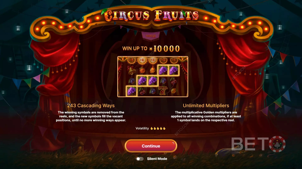 Ecrã de introdução inspirado no tema do Circus Fruits