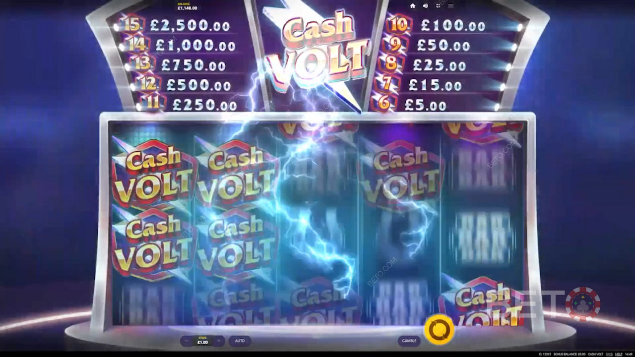 Jogue para ganhar prémios emocionantes no valor de até 2.500x as apostas na slot Cash Volt