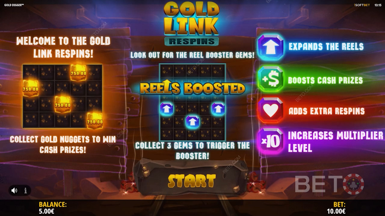 Ecrã de introdução do Gold Digger mostrando informações de jogabilidade