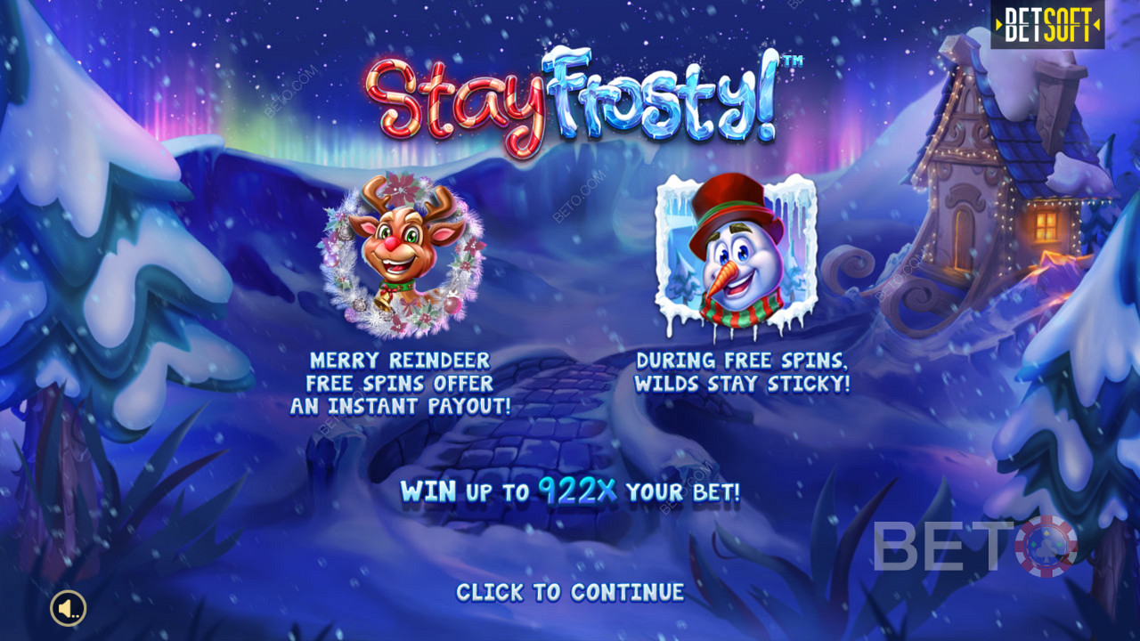 O ecrã de introdução em Stay Frosty! Merry Reindeer Free Spins & Max Win de 922x a sua aposta!