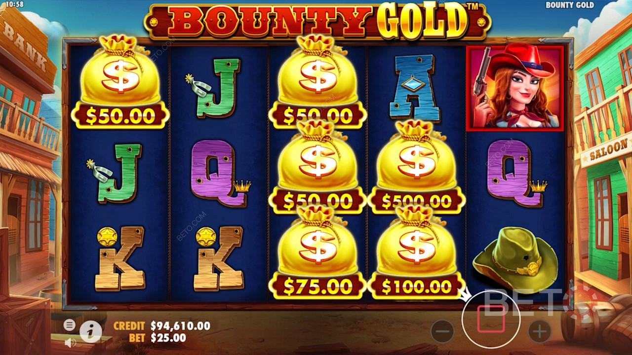 Símbolos de sacos de dinheiro na grelha do Bounty Gold