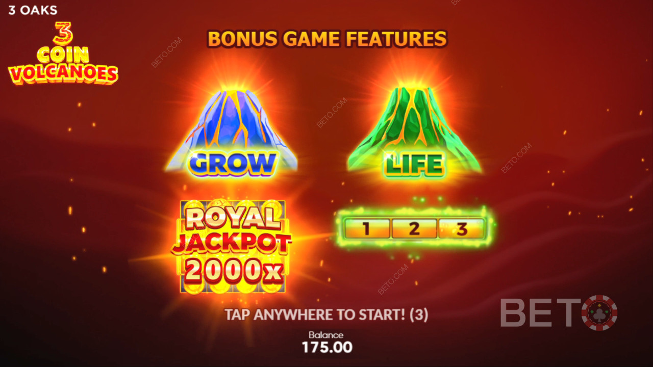 Funcionalidades de bónus explicadas em 3 Coin Volcanoes da 3 Oaks Gaming