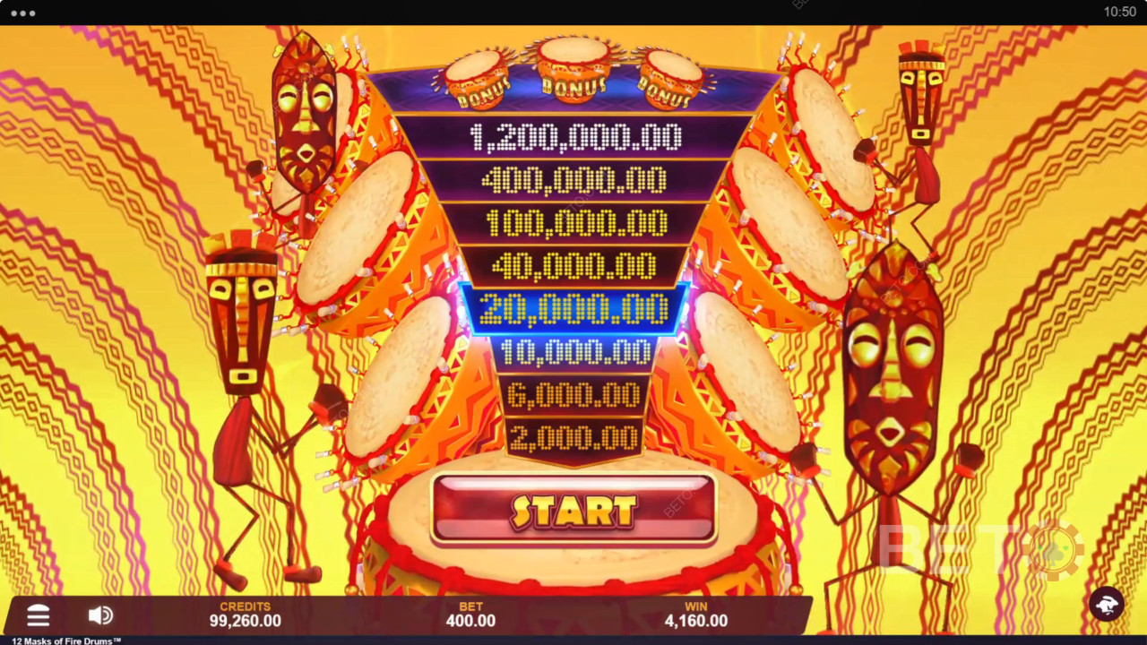 Ganhe 3.125x a sua aposta na Slot Machine 12 Máscaras de Tambores de Fogo!