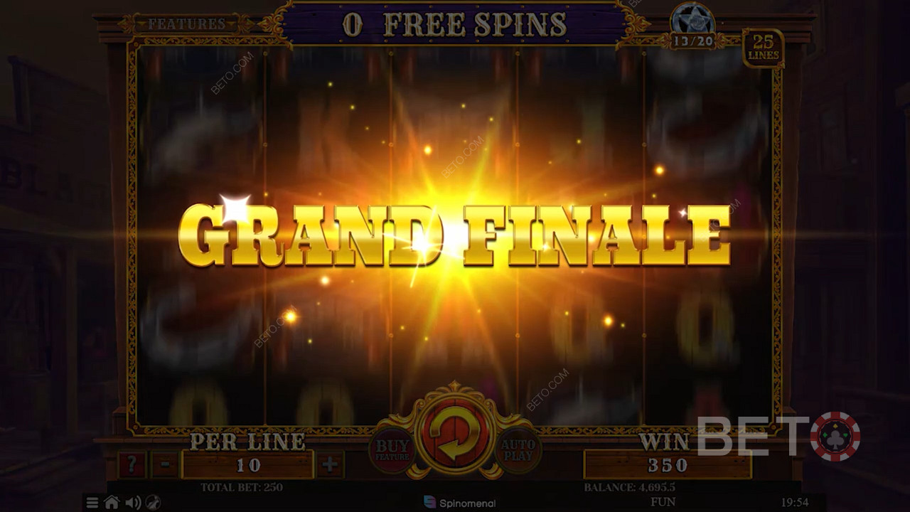 A "Grand Finale" activa-se na última Free Spin para aumentar notavelmente as suas probabilidades de ganhar