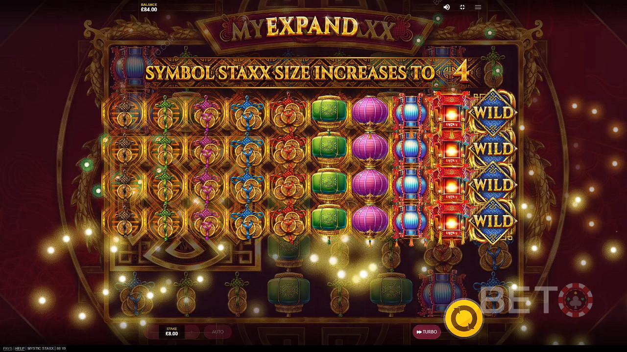 Uma única volta com símbolos expandidos pode proporcionar-lhe grandes ganhos na slot machine Mystic Staxx