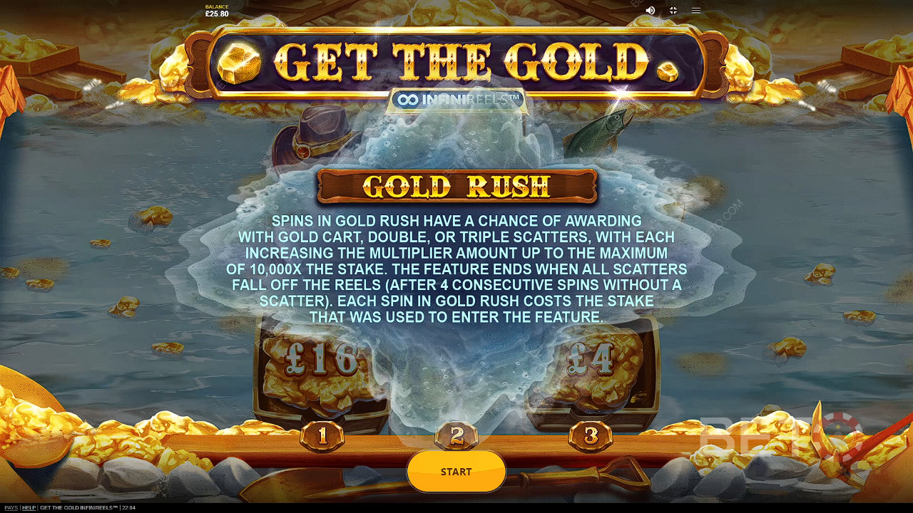 Consiga 3 ou mais Gold Cart Scatters para começar a hora do Golden Rush