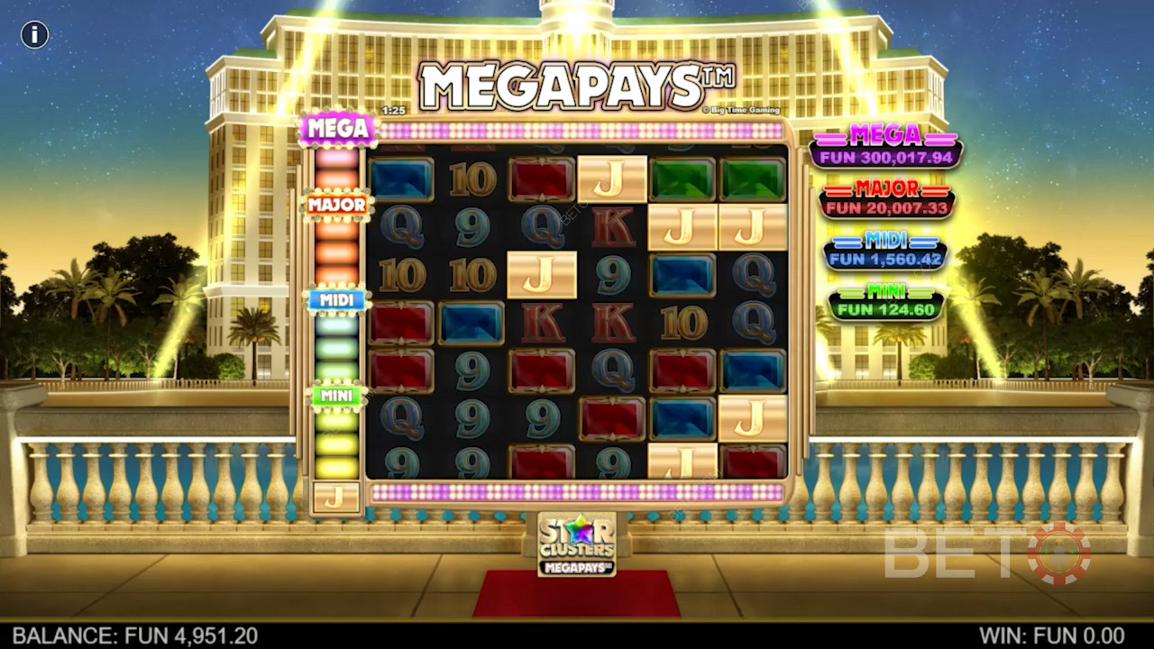 Obter pelo menos 4 ocorrências do símbolo Megapays para ganhar na slot Star Clusters Megapays