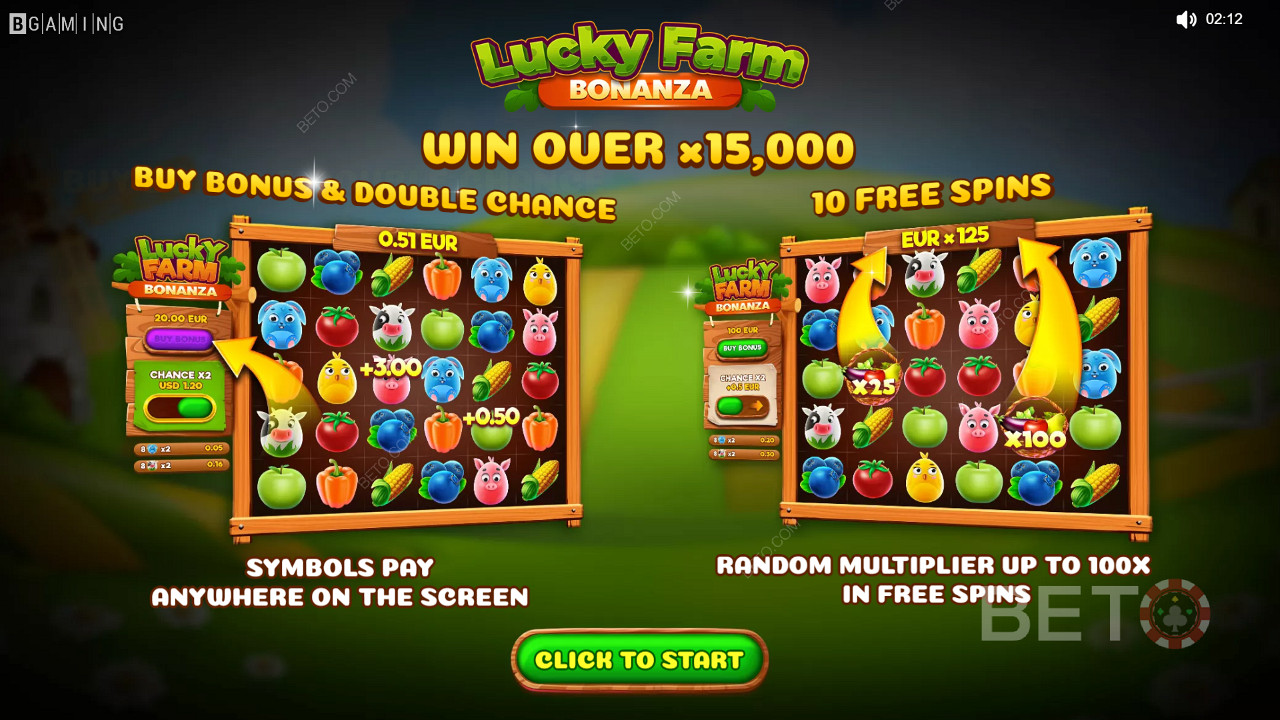 Desfrute de Multiplicadores, Chance Dupla e Rodadas Grátis no jogo de casino Lucky Farm Bonanza