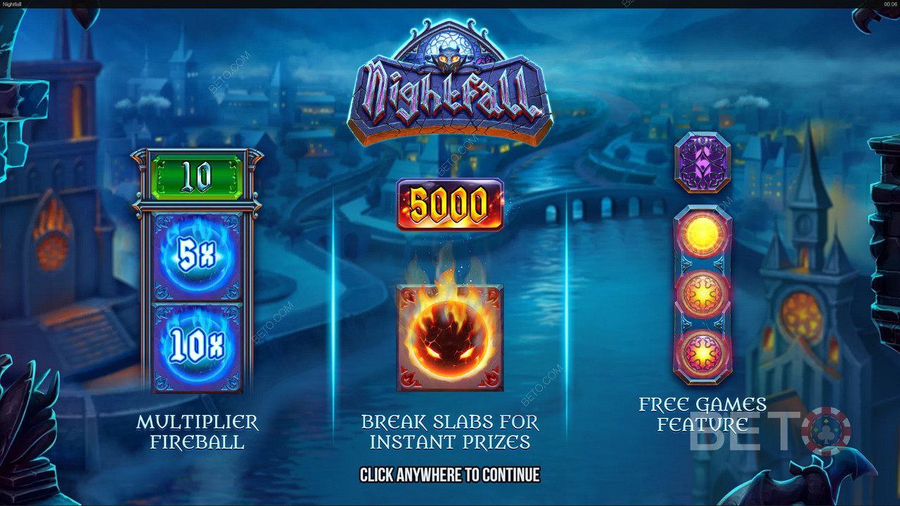 Desfrute de funcionalidades incríveis como Bolas de Fogo Multiplicadoras e Free Spins na slot Nightfall