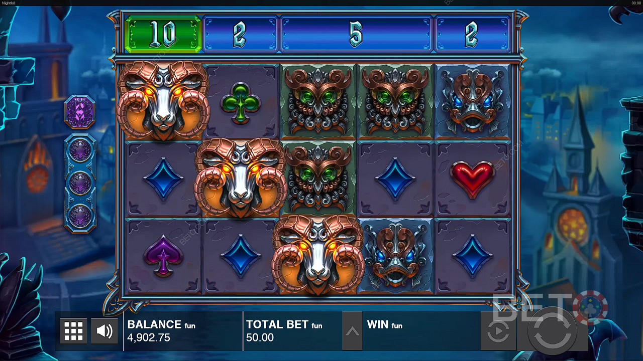 Obtenha símbolos iguais da esquerda para a direita para ganhar na slot machine Nightfall