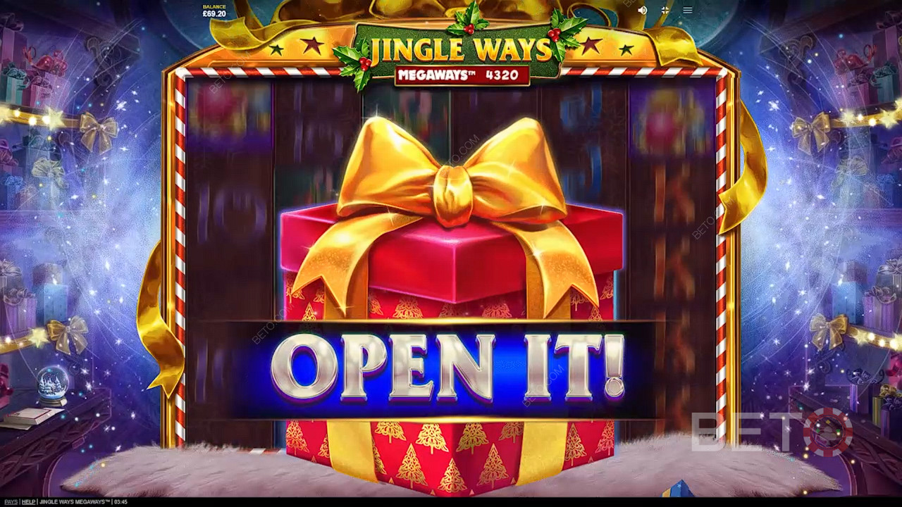 Abrir o presente para revelar características poderosas no slot Jingle Ways Megaways