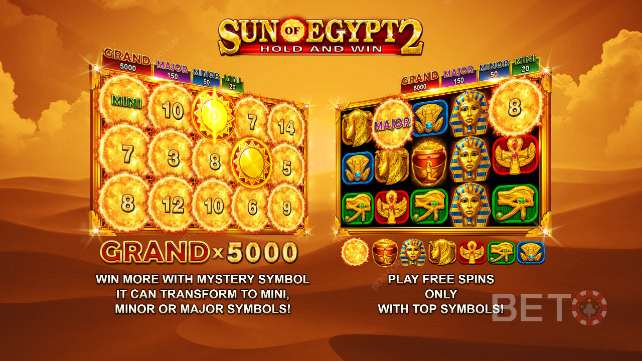 Desfrute de Jackpots que valem até 5.000x a sua aposta e de Free Spins na slot Sun of Egypt 2