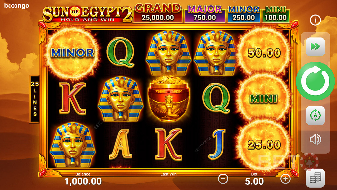 Seis ou mais símbolos de bónus activam o jogo de bónus na slot Sun of Egypt 2