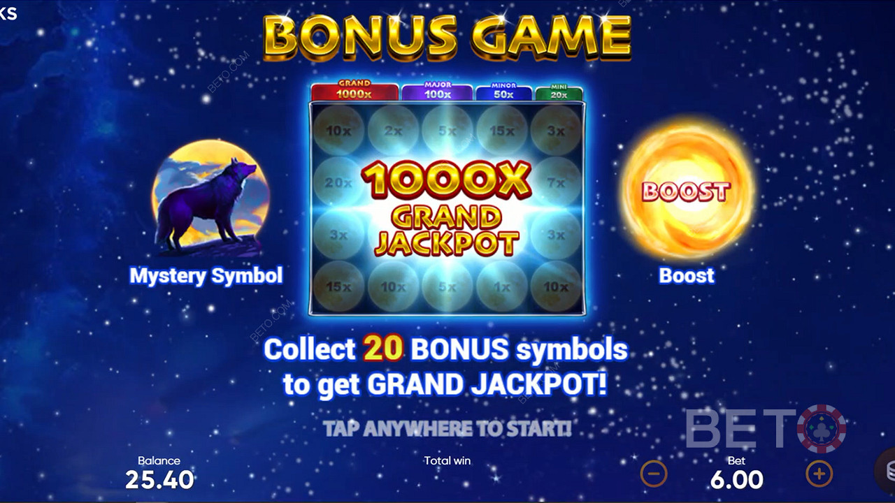 Recolha 20 símbolos de bónus no Jogo de Bónus para desbloquear o Grande Jackpot