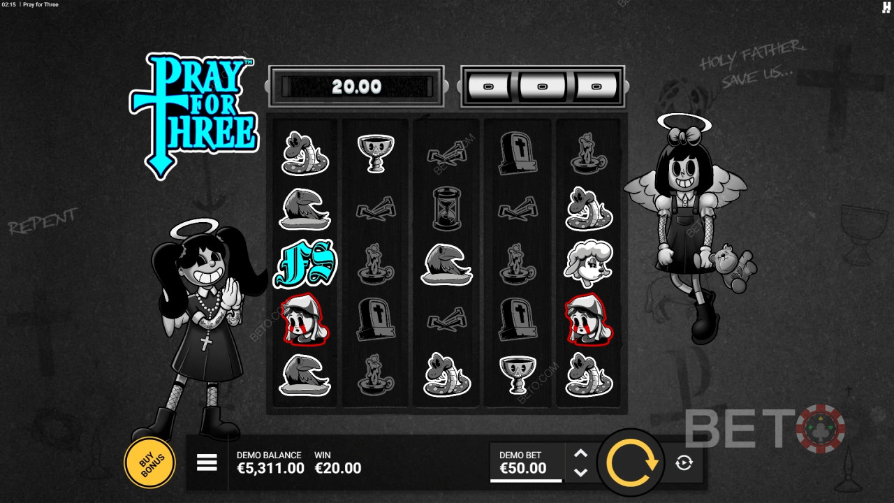 Funcionalidades de bónus explicadas em Pray For Three por Hacksaw Gaming