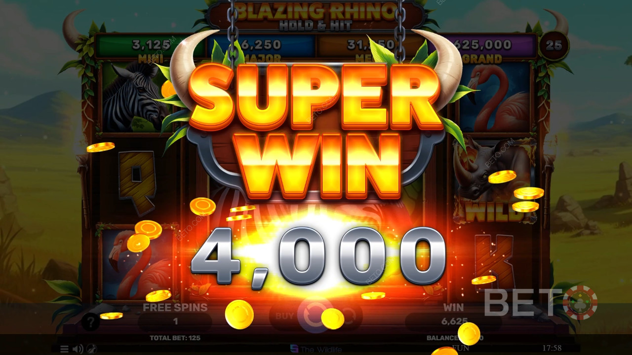 Funcionalidades de bónus explicadas em Blazing Rhino Hold & Hit por Spinomenal