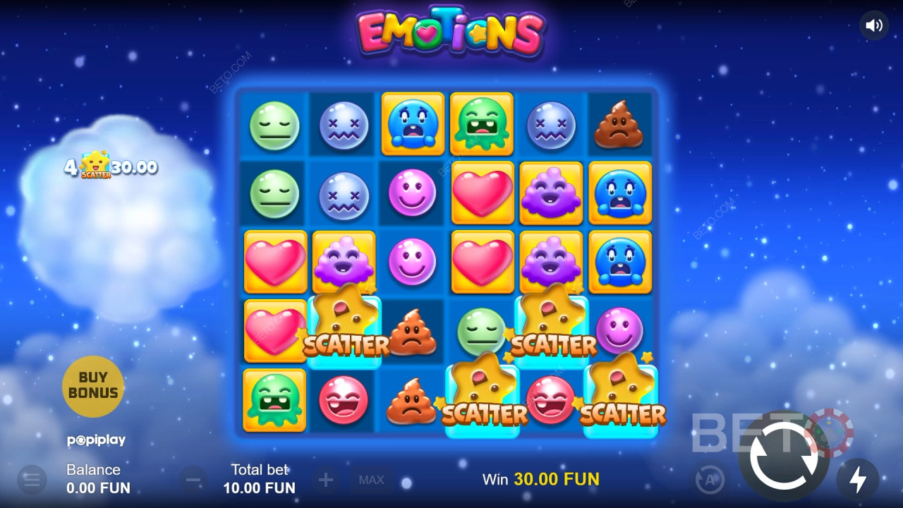 Funcionalidades de bónus explicadas em Emotions by Popiplay