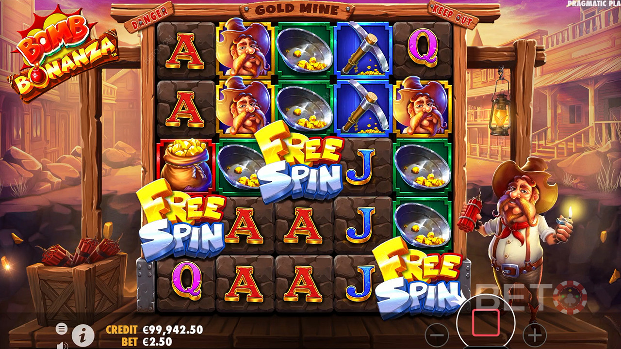 3 Scatters irão activar as Free Spins na slot machine Bomb Bonanza