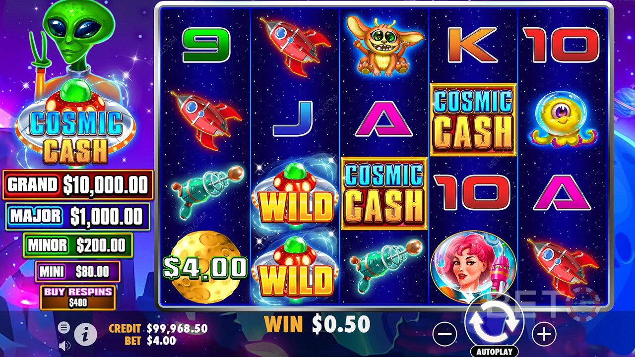 Existem muitos símbolos Wild no jogo base na slot do casino Cosmic Cash