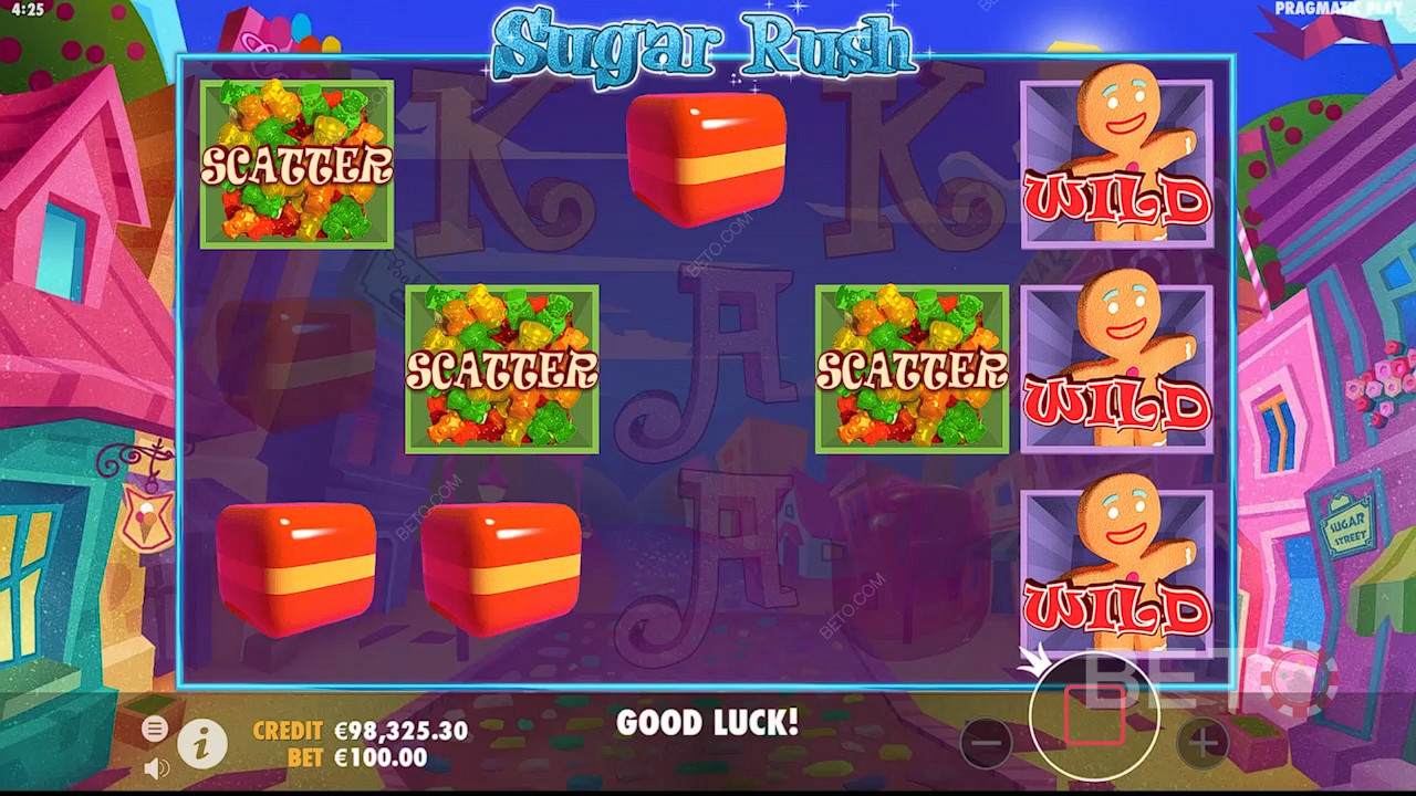 As Free Spins são activadas ao acertar em pelo menos 3 Scatters no jogo de slot Sugar Rush