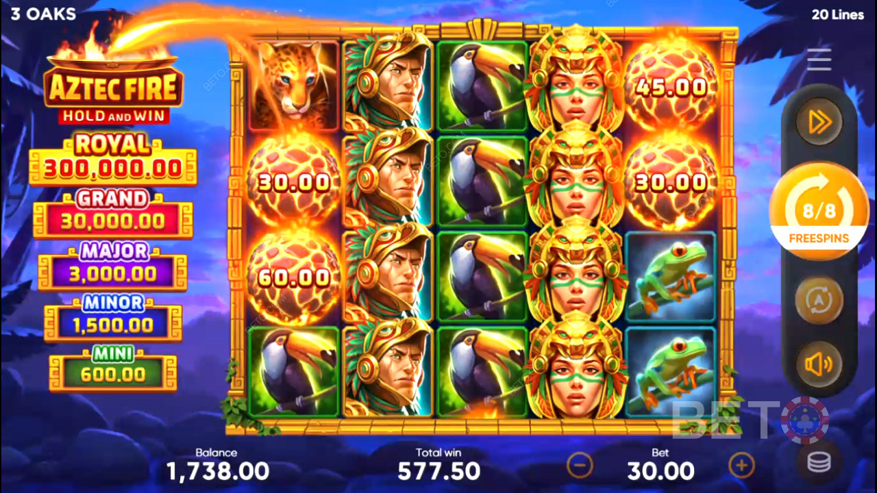 Desfrute apenas de símbolos que pagam bem nas Free Spins na slot Aztec Fire: Hold and Win
