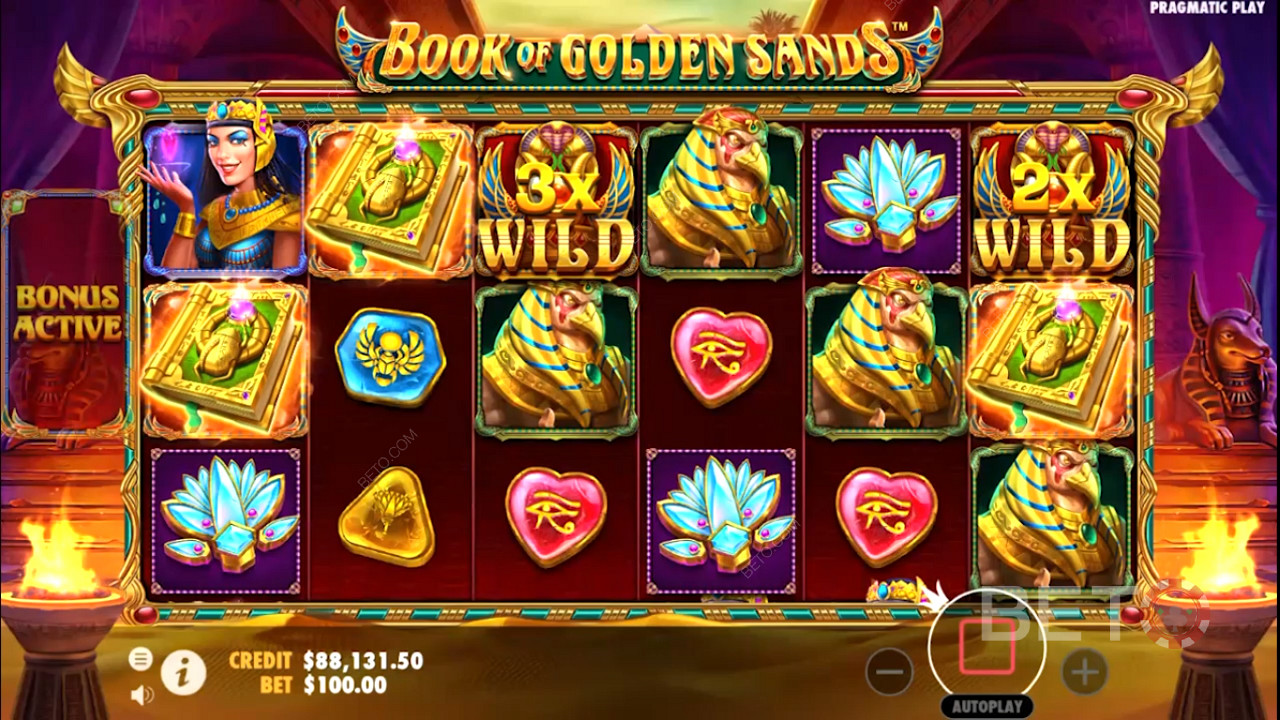 Os Wilds Multiplicadores aparecem na slot online Book of Golden Sands