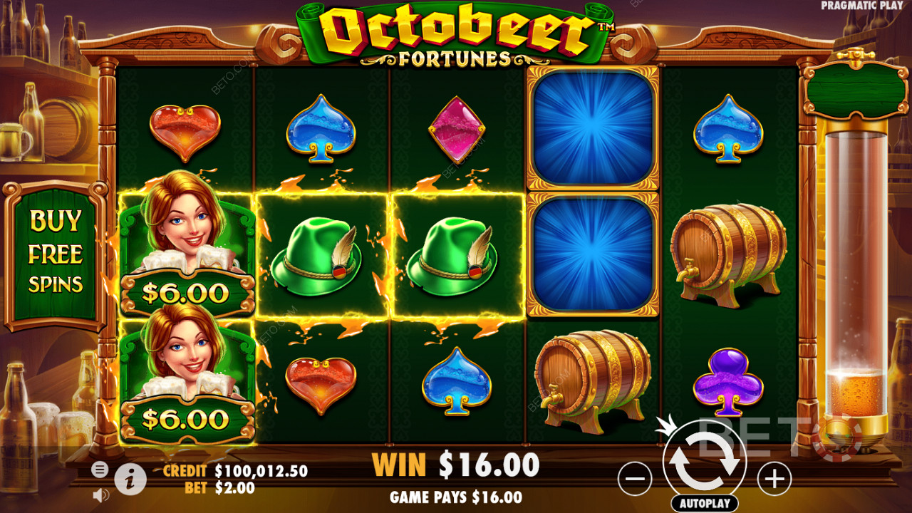 Símbolos de dinheiro aterram frequentemente mesmo no jogo base na slot Octobeer Fortunes