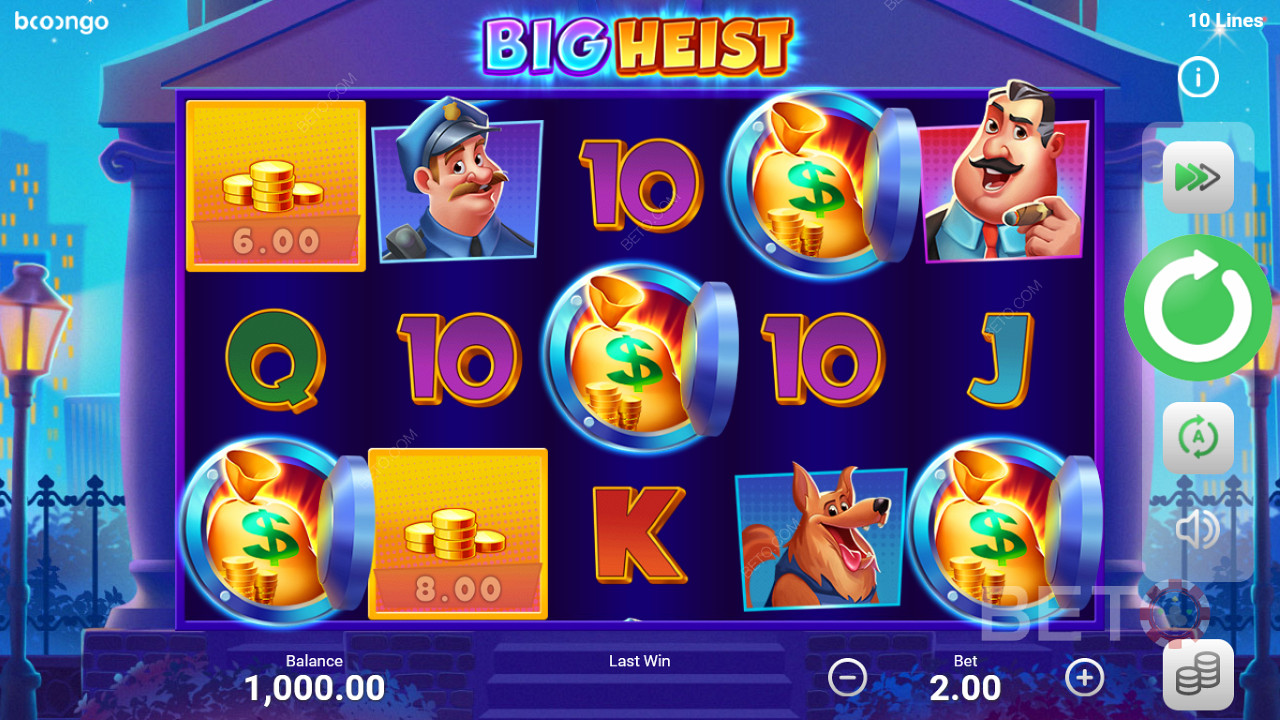 Big Heist é um confronto contra todas as apostas através de uma grelha 5x3 e 10 linhas de pagamento fixas