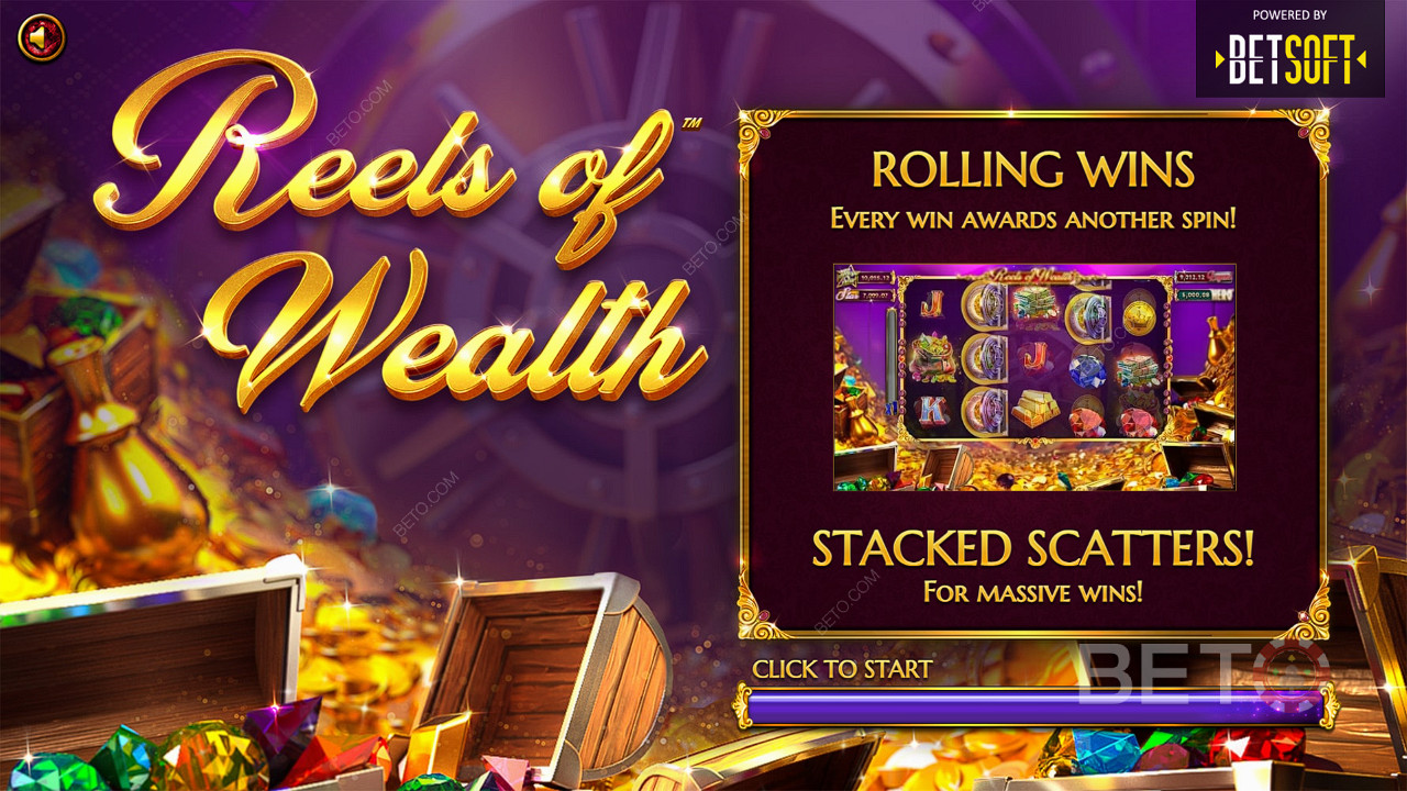 Características como Rolling Wins e Scatter Pays complementam-se na slot Reels of Wealth