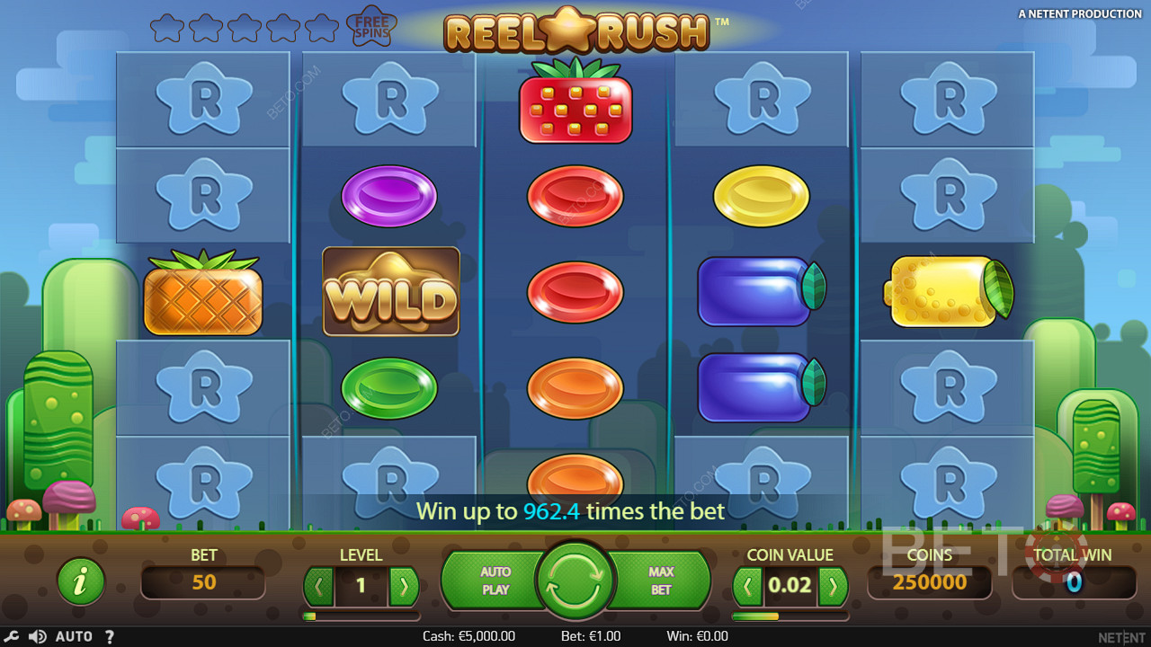 Símbolos selvagens aparecem frequentemente para ajudar a criar vitórias na slot machine Reel Rush