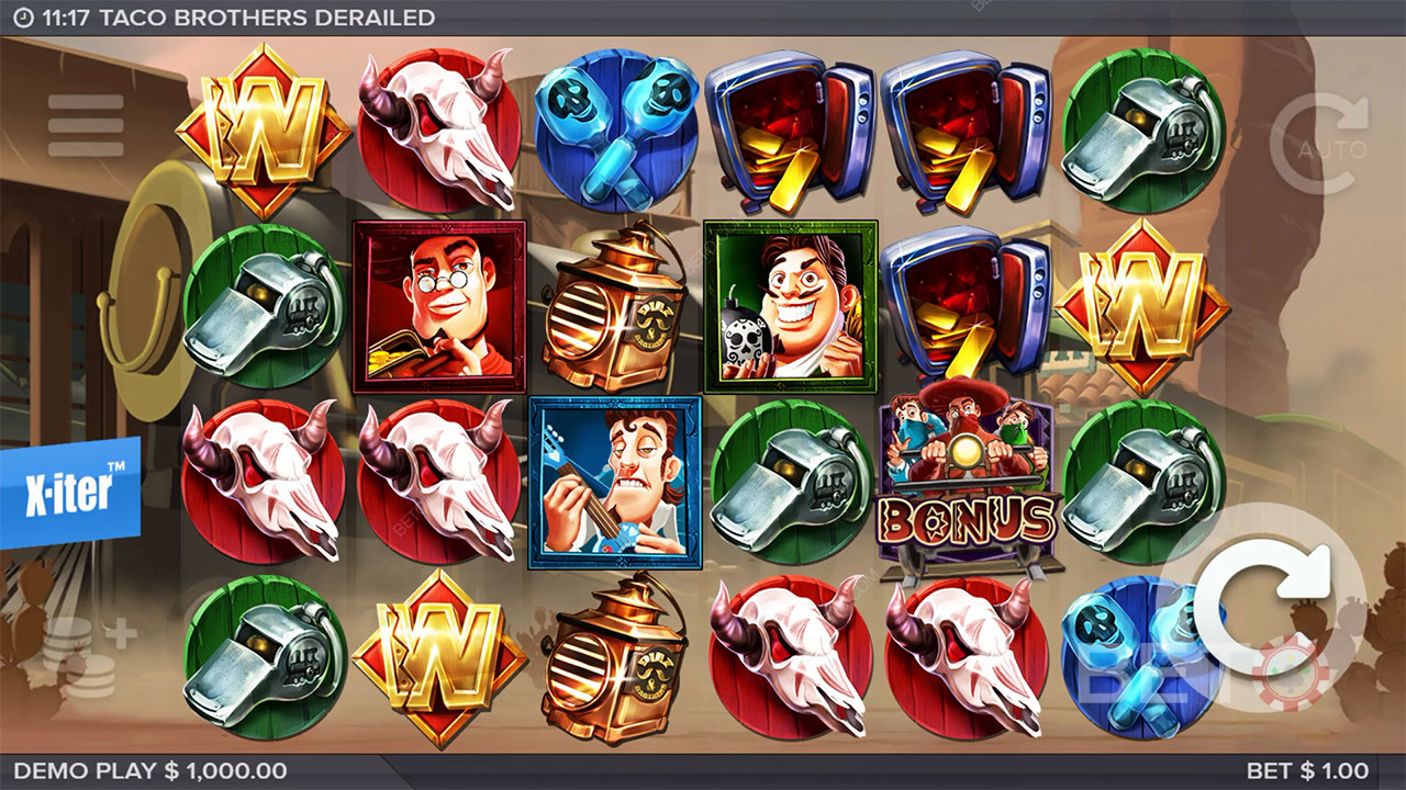 Funcionalidades de bónus explicadas em Taco Brothers Derailed by ELK Studios