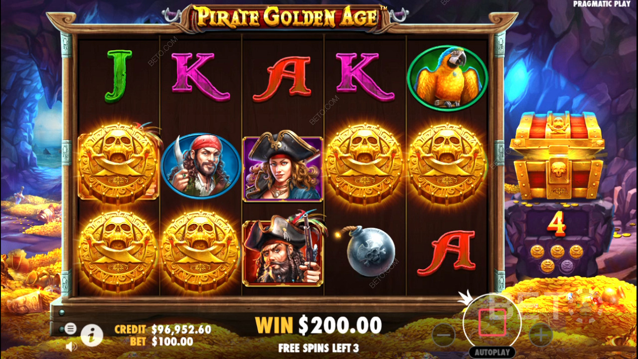 Os símbolos de mistério aparecem frequentemente nas Free Spins da slot online Pirate Golden Age