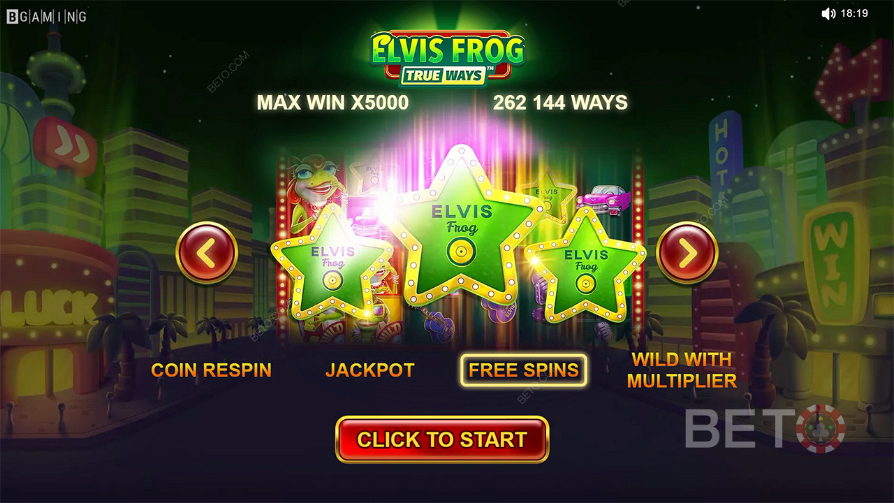 Free Spins, Multiplier Wilds e outras funcionalidades estão disponíveis na slot Elvis Frog TrueWays
