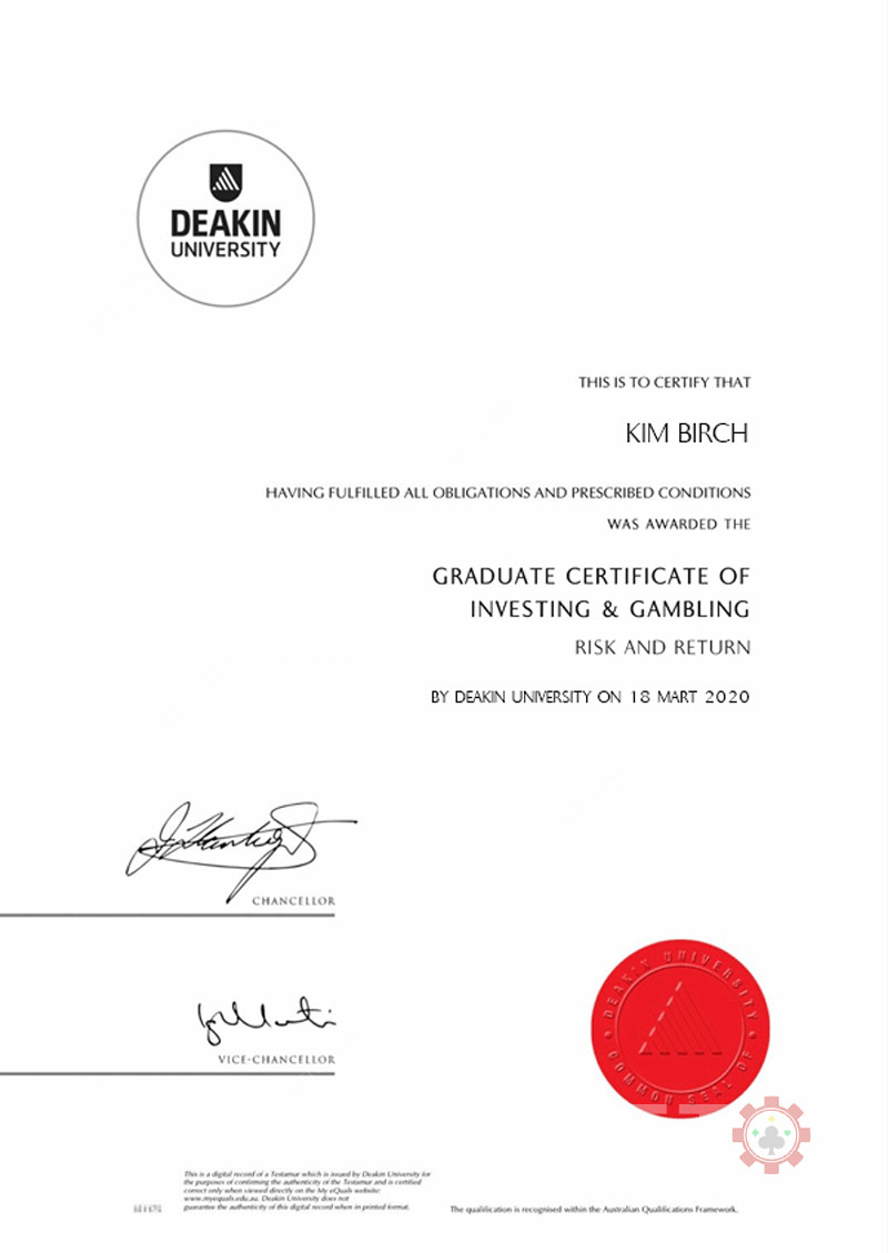 Kim Birch - Certificado na Universidade de Deakin