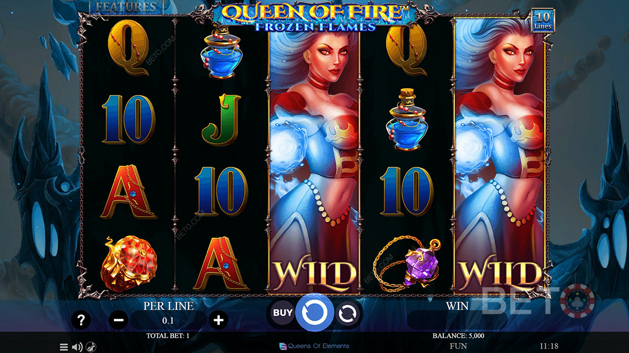 Desfrute de Expanding Wilds no jogo base da slot Queen of Fire - Frozen Flames