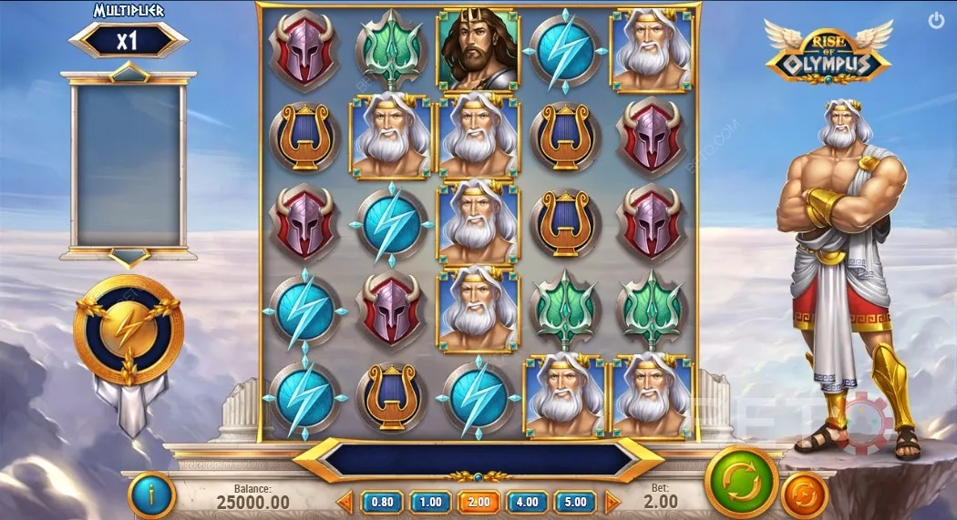 Jogue Rise of Olympus que lhe oferece 3 funcionalidades de bónus e símbolos de Deus
