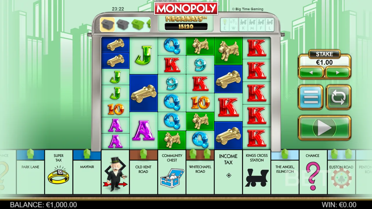 Amostra de jogo de Monopólio Megaways mostrando animações fluidas